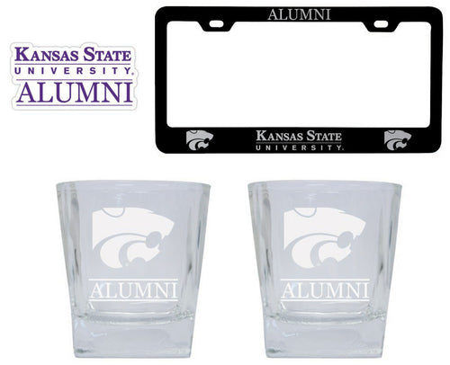 Kansas State Wildcats Collegiate Alumni Gift Set Engraved Whiskey Glasses, License Plate Frame & Decal 