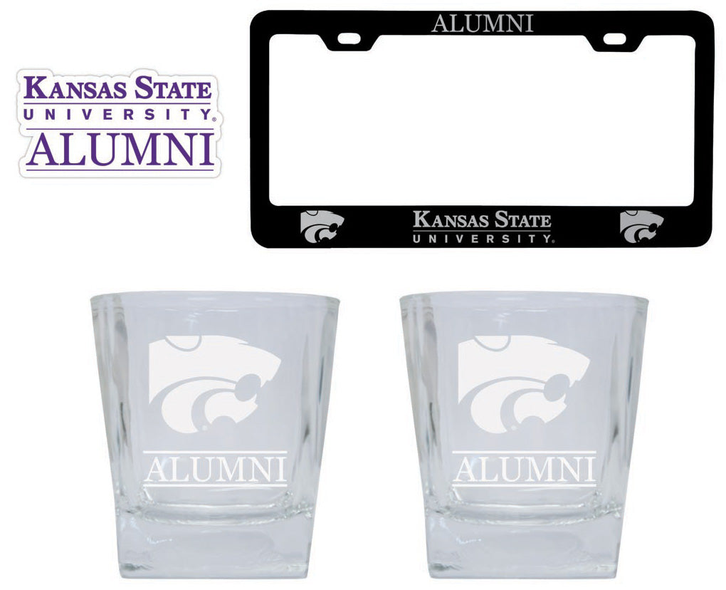Kansas State Wildcats Collegiate Alumni Gift Set Engraved Whiskey Glasses, License Plate Frame & Decal 