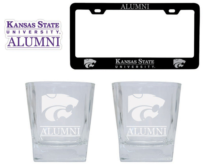 Kansas State Wildcats Collegiate Alumni Gift Set Engraved Whiskey Glasses, License Plate Frame & Decal 