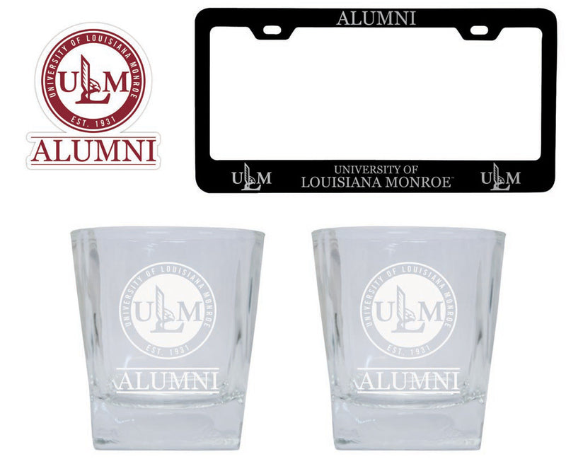 University of Louisiana Monroe Collegiate Alumni Gift Set Engraved Whiskey Glasses, License Plate Frame & Decal 