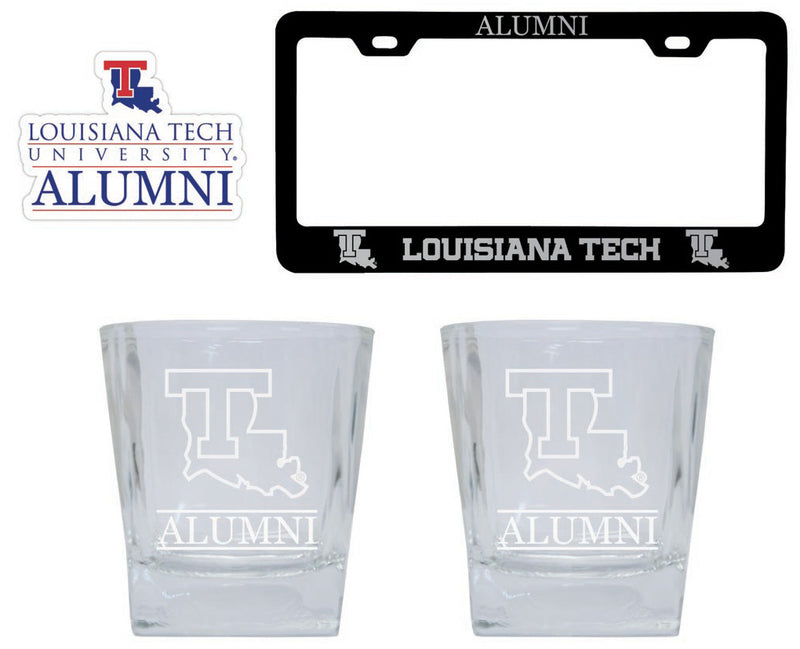 Louisiana Tech Bulldogs Collegiate Alumni Gift Set Engraved Whiskey Glasses, License Plate Frame & Decal 
