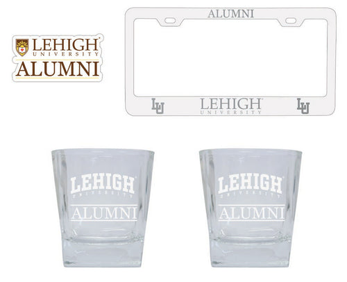 Lehigh University Mountain Hawks Collegiate Alumni Gift Set Engraved Whiskey Glasses, License Plate Frame & Decal 