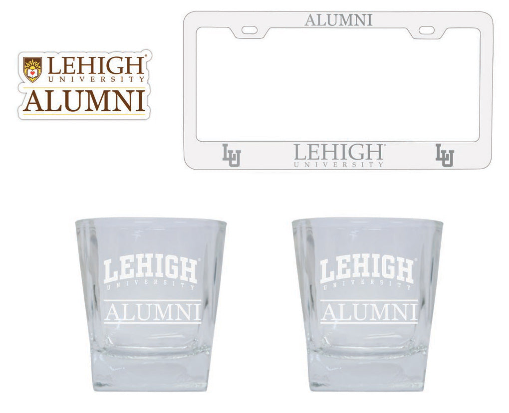 Lehigh University Mountain Hawks Collegiate Alumni Gift Set Engraved Whiskey Glasses, License Plate Frame & Decal 