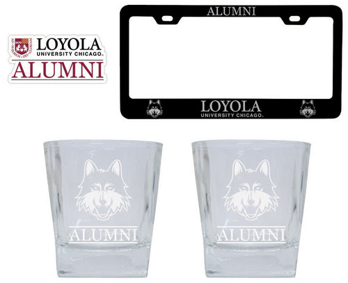 Loyola University Ramblers Collegiate Alumni Gift Set Engraved Whiskey Glasses, License Plate Frame & Decal 