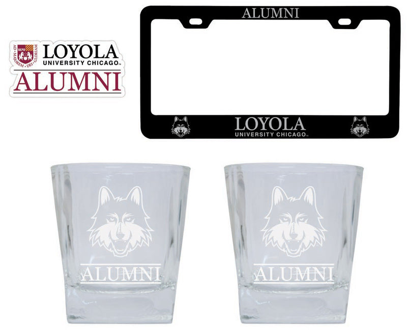Loyola University Ramblers Collegiate Alumni Gift Set Engraved Whiskey Glasses, License Plate Frame & Decal 