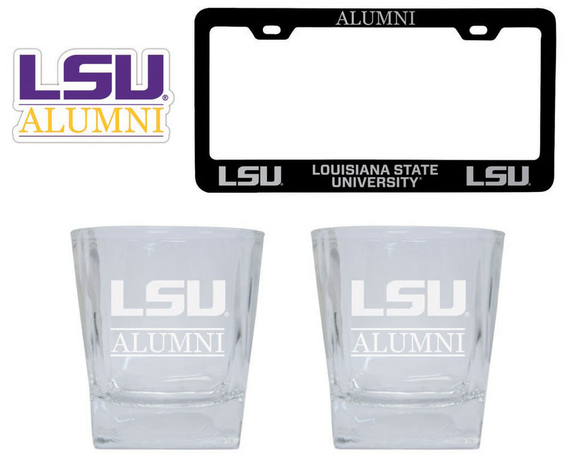 LSU Tigers Collegiate Alumni Gift Set Engraved Whiskey Glasses, License Plate Frame & Decal 