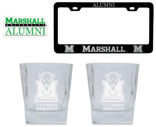 Marshall Thundering Herd Collegiate Alumni Gift Set Engraved Whiskey Glasses, License Plate Frame & Decal 