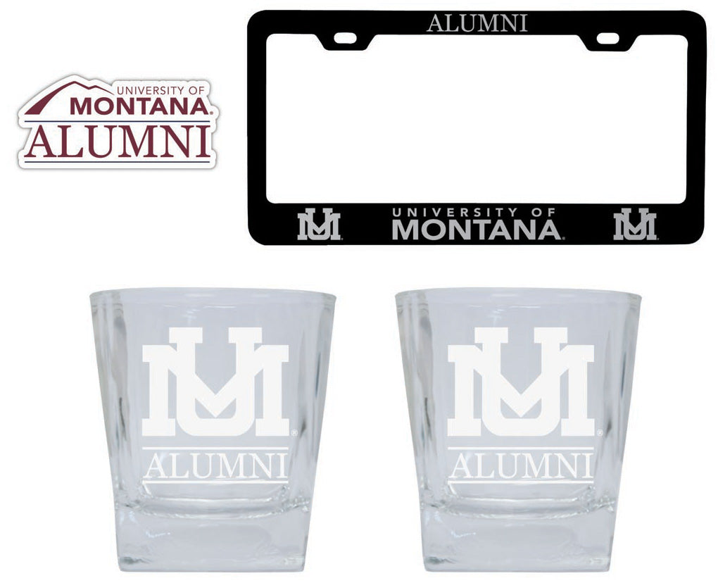 Montana University Collegiate Alumni Gift Set Engraved Whiskey Glasses, License Plate Frame & Decal 