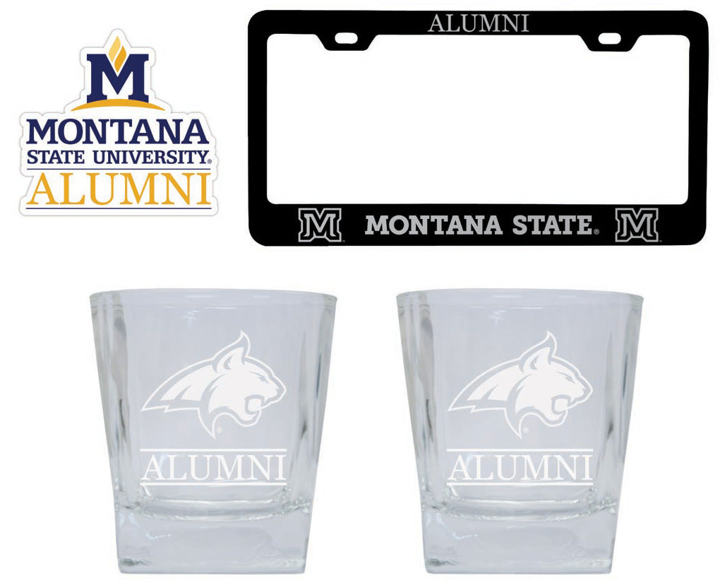 Montana State Bobcats Collegiate Alumni Gift Set Engraved Whiskey Glasses, License Plate Frame & Decal 