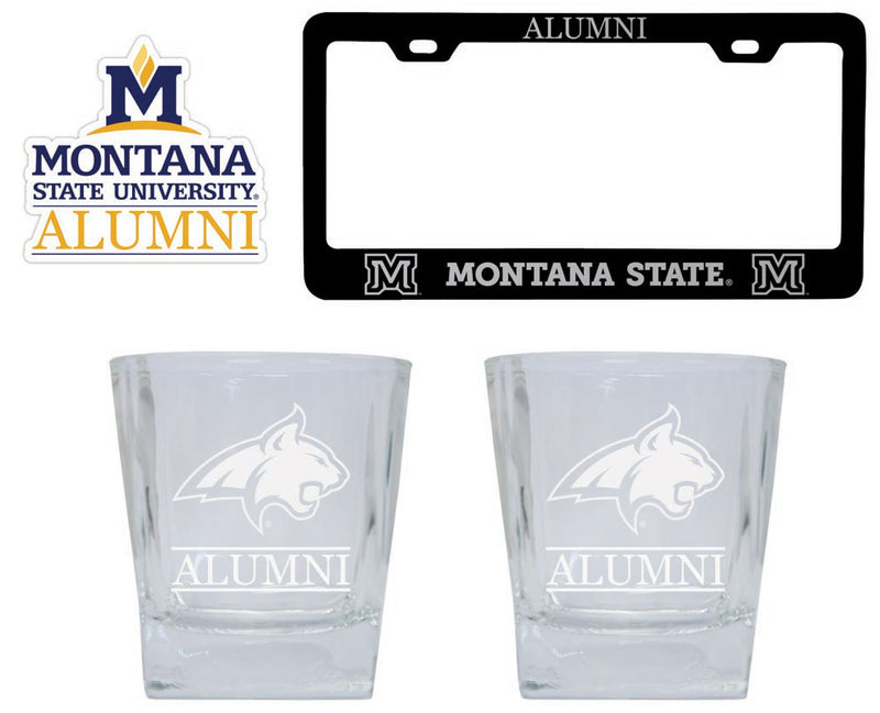 Montana State Bobcats Collegiate Alumni Gift Set Engraved Whiskey Glasses, License Plate Frame & Decal 