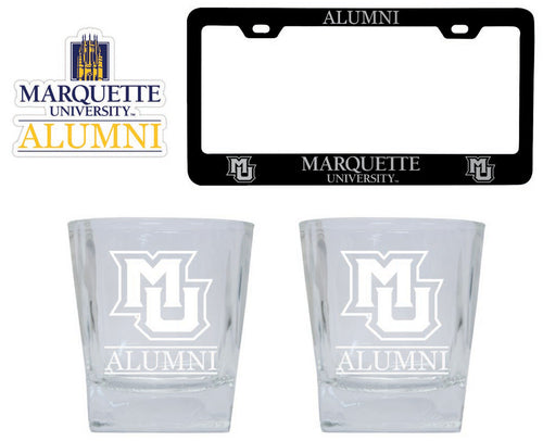 Marquette Golden Eagles Collegiate Alumni Gift Set Engraved Whiskey Glasses, License Plate Frame & Decal 