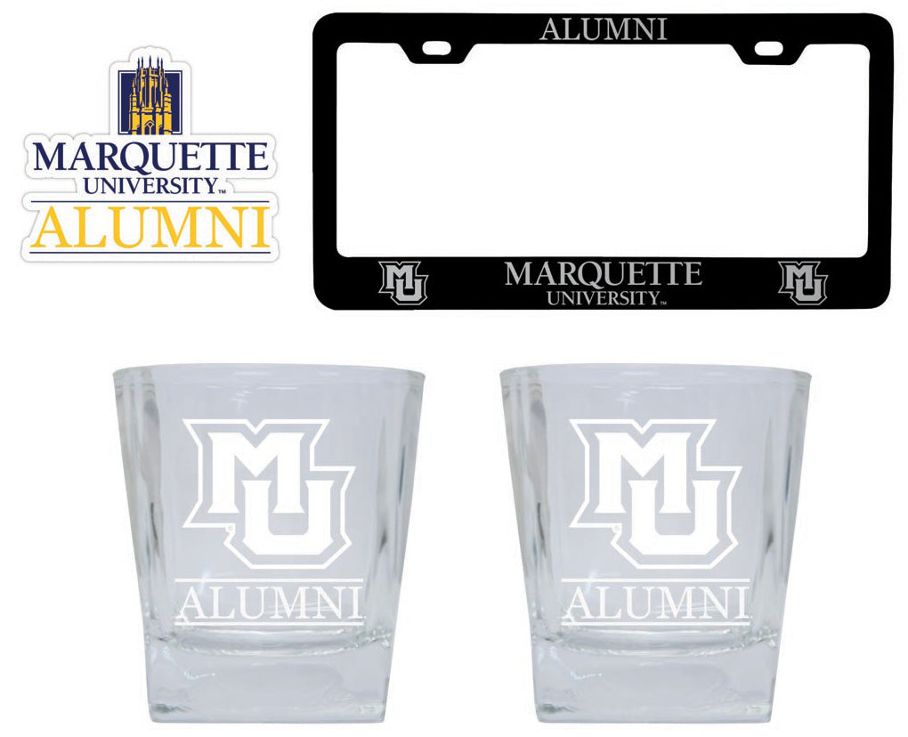 Marquette Golden Eagles Collegiate Alumni Gift Set Engraved Whiskey Glasses, License Plate Frame & Decal 