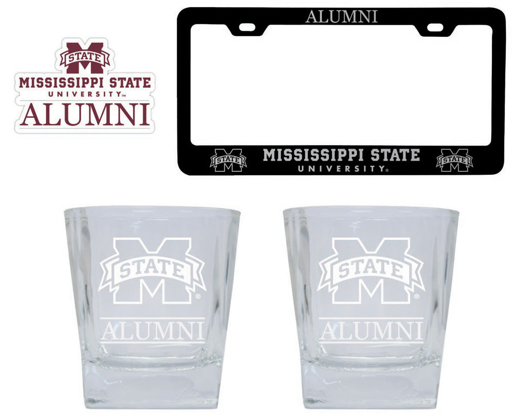 Mississippi State Bulldogs Collegiate Alumni Gift Set Engraved Whiskey Glasses, License Plate Frame & Decal 