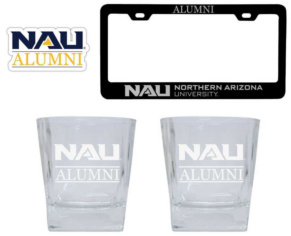 Northern Arizona University Collegiate Alumni Gift Set Engraved Whiskey Glasses, License Plate Frame & Decal 
