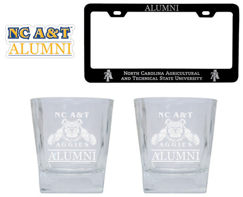 North Carolina A&T State Aggies Collegiate Alumni Gift Set Engraved Whiskey Glasses, License Plate Frame & Decal 