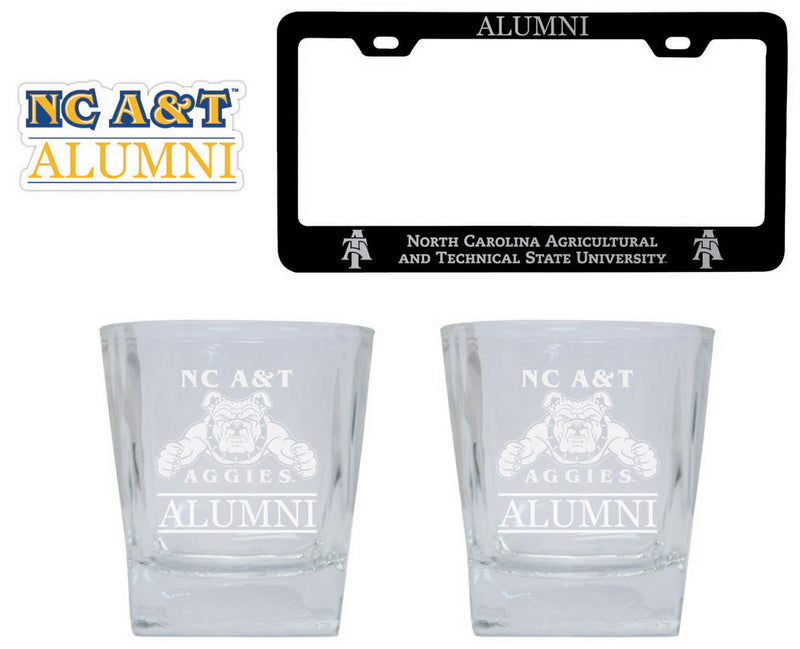 North Carolina A&T State Aggies Collegiate Alumni Gift Set Engraved Whiskey Glasses, License Plate Frame & Decal 
