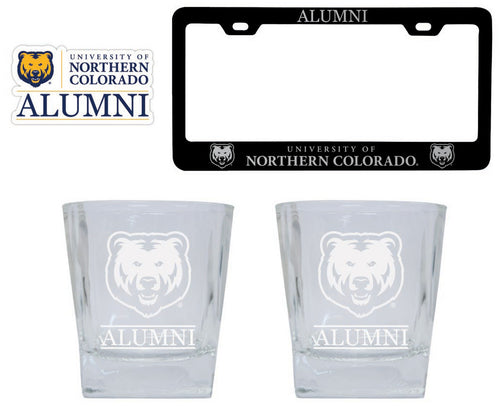 Northern Colorado Bears Collegiate Alumni Gift Set Engraved Whiskey Glasses, License Plate Frame & Decal 
