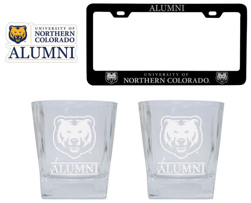Northern Colorado Bears Collegiate Alumni Gift Set Engraved Whiskey Glasses, License Plate Frame & Decal 
