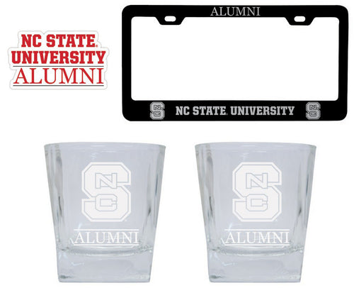 NC State Wolfpack Collegiate Alumni Gift Set Engraved Whiskey Glasses, License Plate Frame & Decal 