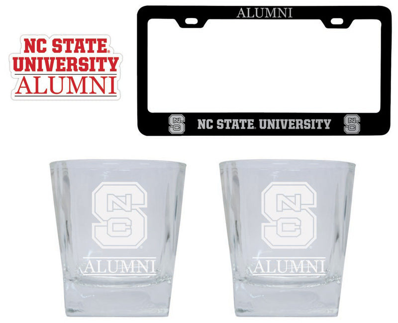 NC State Wolfpack Collegiate Alumni Gift Set Engraved Whiskey Glasses, License Plate Frame & Decal 