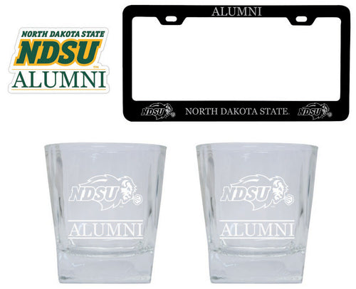 North Dakota State Bison Collegiate Alumni Gift Set Engraved Whiskey Glasses, License Plate Frame & Decal 