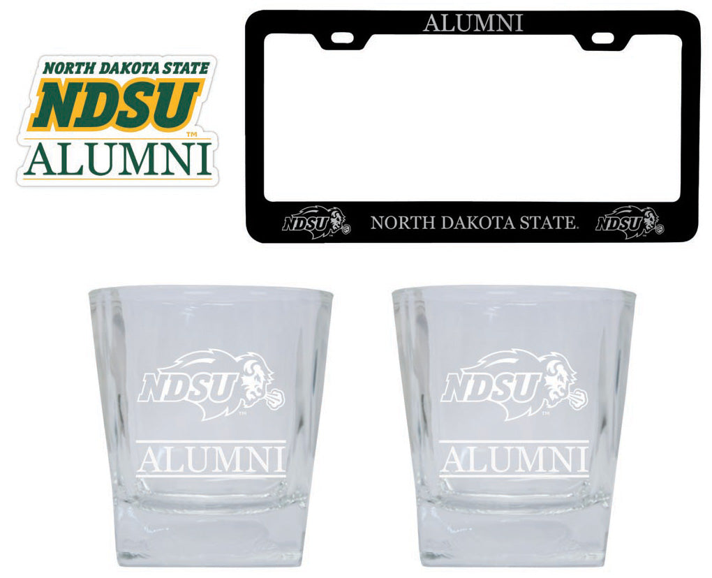 North Dakota State Bison Collegiate Alumni Gift Set Engraved Whiskey Glasses, License Plate Frame & Decal 