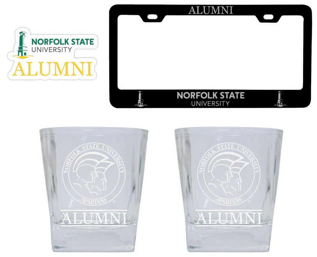 Norfolk State University Collegiate Alumni Gift Set Engraved Whiskey Glasses, License Plate Frame & Decal 