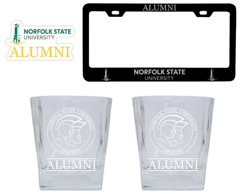 Norfolk State University Collegiate Alumni Gift Set Engraved Whiskey Glasses, License Plate Frame & Decal 