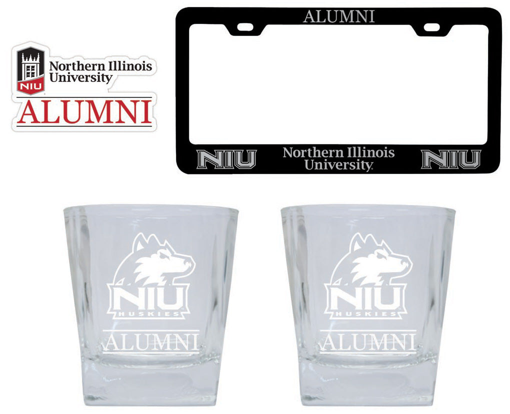 Northern Illinois Huskies Collegiate Alumni Gift Set Engraved Whiskey Glasses, License Plate Frame & Decal 