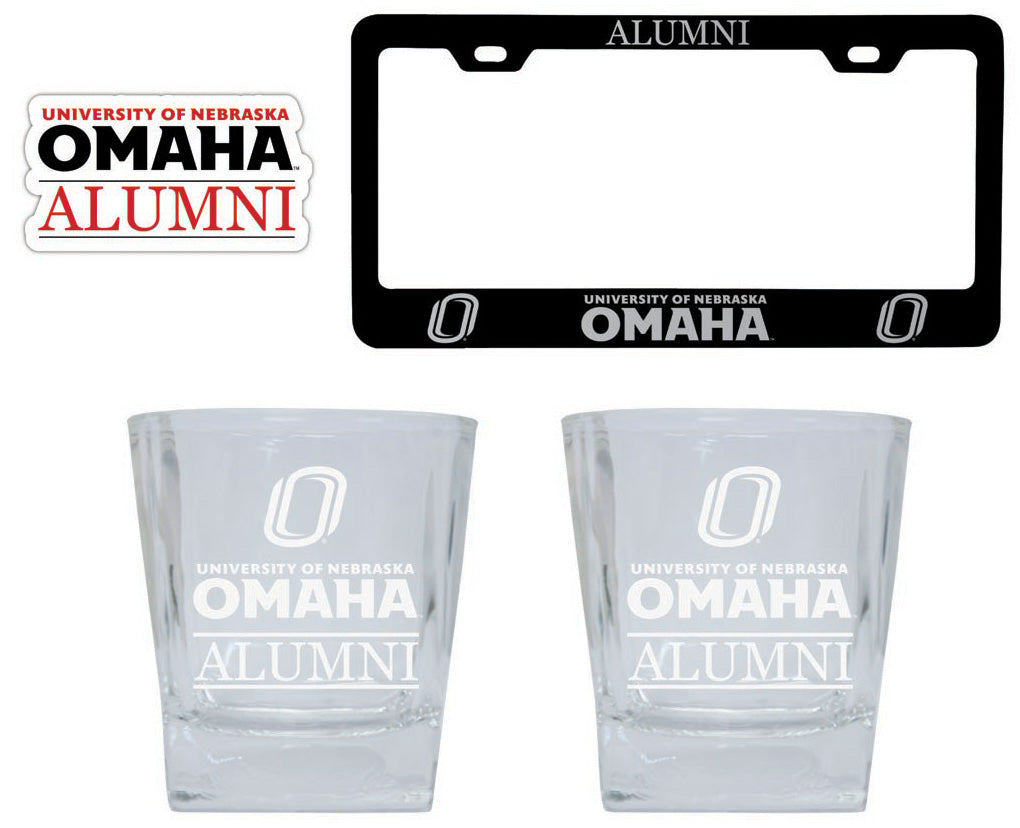 Nebraska at Omaha Collegiate Alumni Gift Set Engraved Whiskey Glasses, License Plate Frame & Decal 