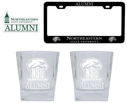 Northeastern State University Riverhawks Collegiate Alumni Gift Set Engraved Whiskey Glasses, License Plate Frame & Decal 