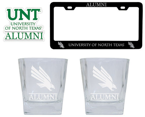 North Texas Collegiate Alumni Gift Set Engraved Whiskey Glasses, License Plate Frame & Decal 