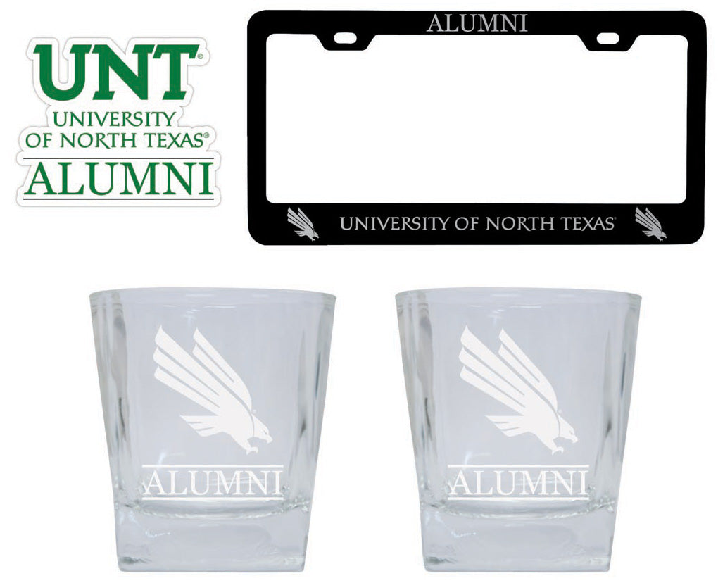 North Texas Collegiate Alumni Gift Set Engraved Whiskey Glasses, License Plate Frame & Decal 