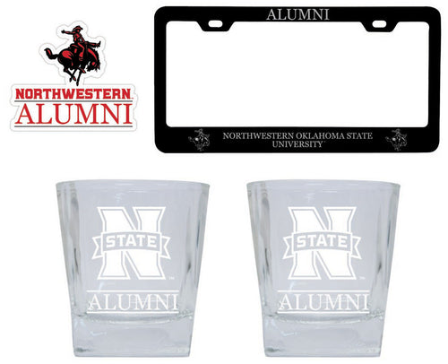Northwestern Oklahoma State University Collegiate Alumni Gift Set Engraved Whiskey Glasses, License Plate Frame & Decal 