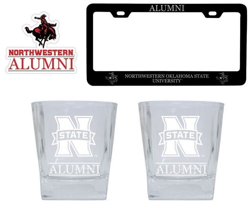 Northwestern Oklahoma State University Collegiate Alumni Gift Set Engraved Whiskey Glasses, License Plate Frame & Decal 