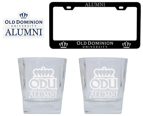 Old Dominion Monarchs Collegiate Alumni Gift Set Engraved Whiskey Glasses, License Plate Frame & Decal 