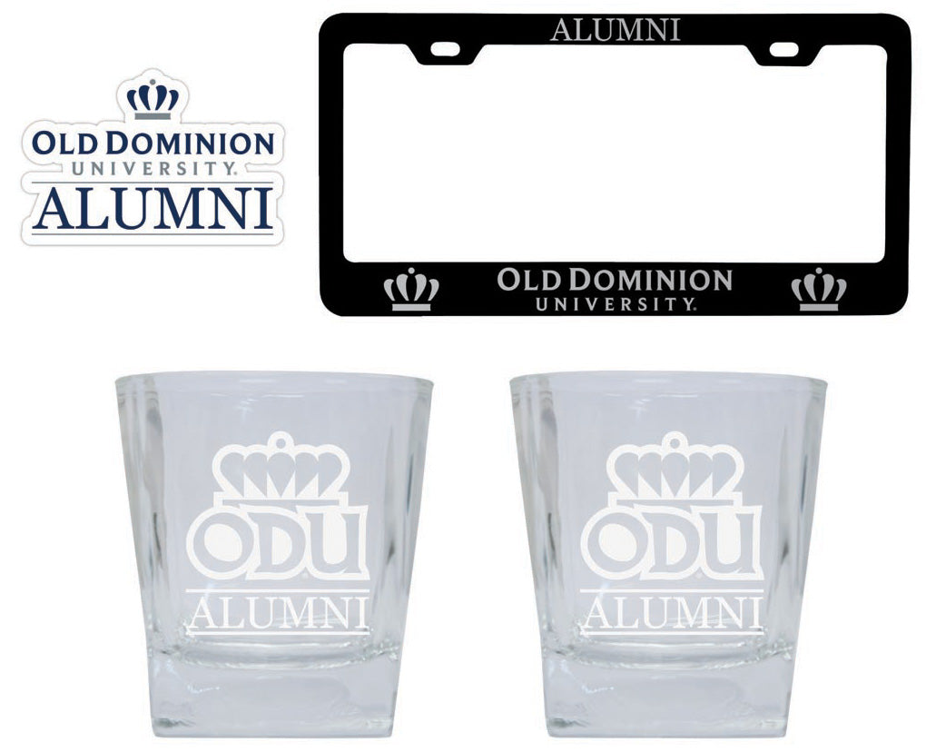 Old Dominion Monarchs Collegiate Alumni Gift Set Engraved Whiskey Glasses, License Plate Frame & Decal 
