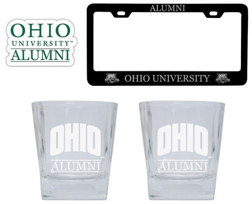 Ohio University Collegiate Alumni Gift Set Engraved Whiskey Glasses, License Plate Frame & Decal 