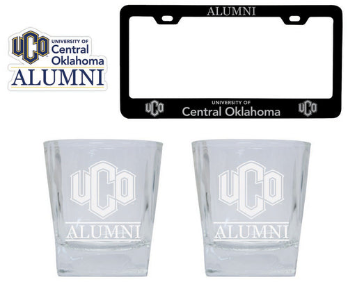 University of Central Oklahoma Bronchos Collegiate Alumni Gift Set Engraved Whiskey Glasses, License Plate Frame & Decal 