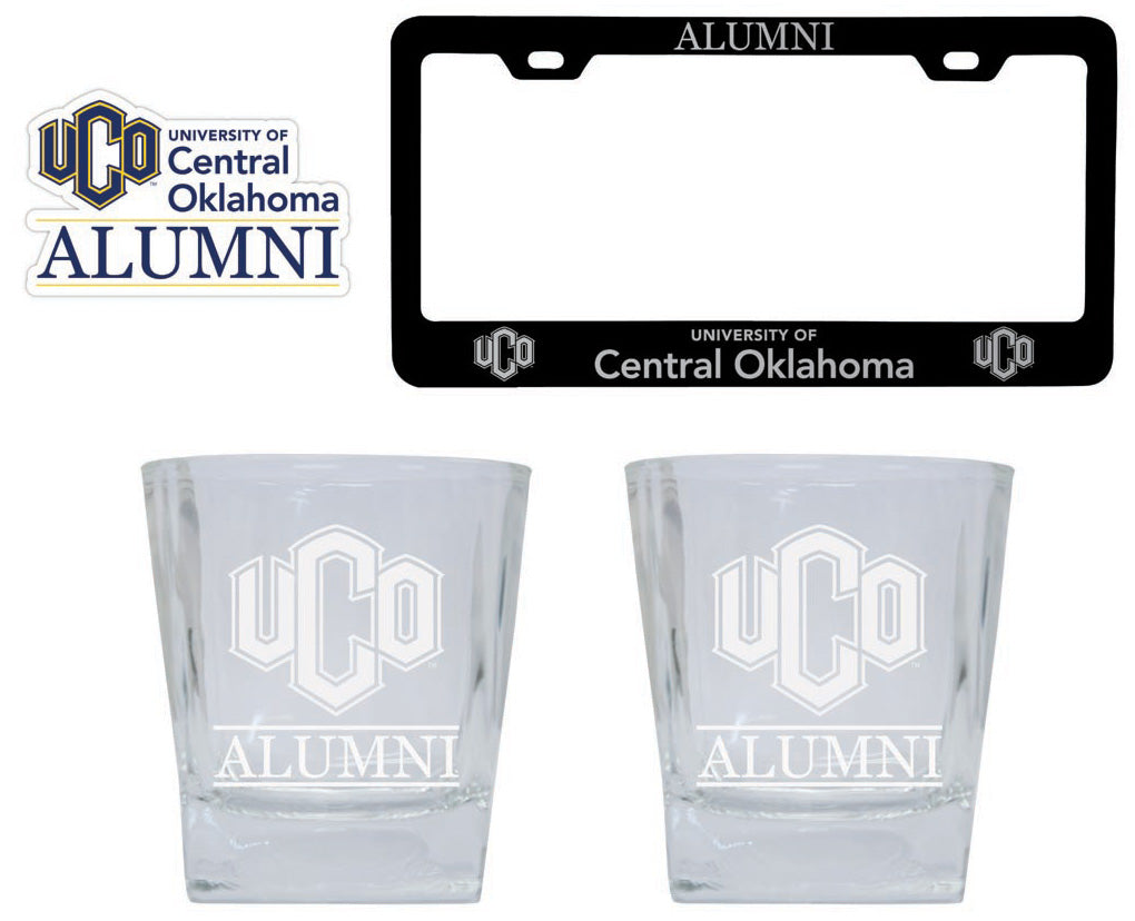 University of Central Oklahoma Bronchos Collegiate Alumni Gift Set Engraved Whiskey Glasses, License Plate Frame & Decal 