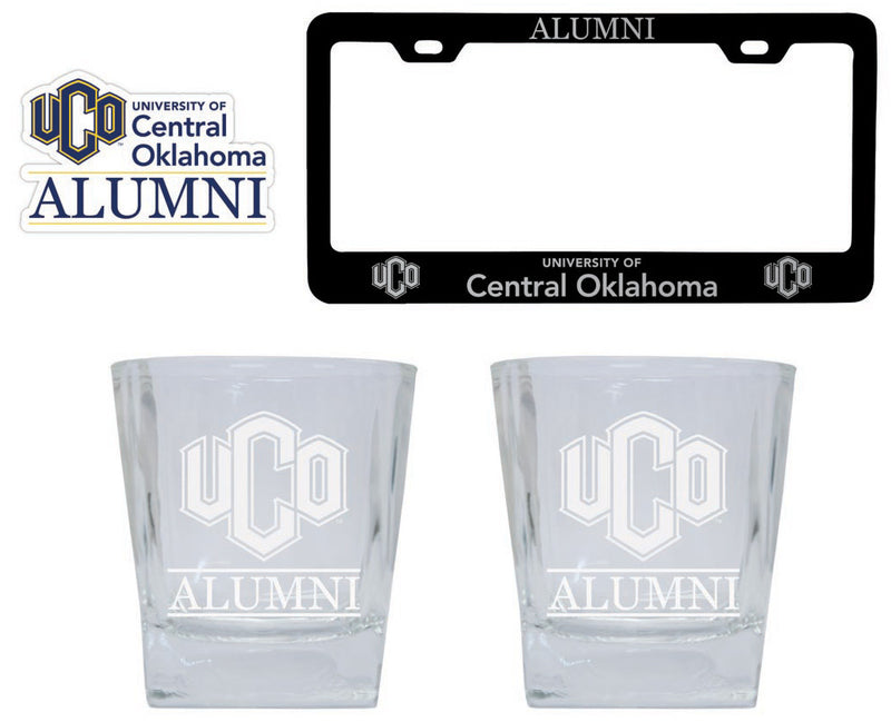 University of Central Oklahoma Bronchos Collegiate Alumni Gift Set Engraved Whiskey Glasses, License Plate Frame & Decal 