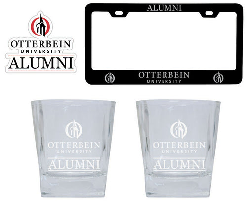 Otterbein University Collegiate Alumni Gift Set Engraved Whiskey Glasses, License Plate Frame & Decal 