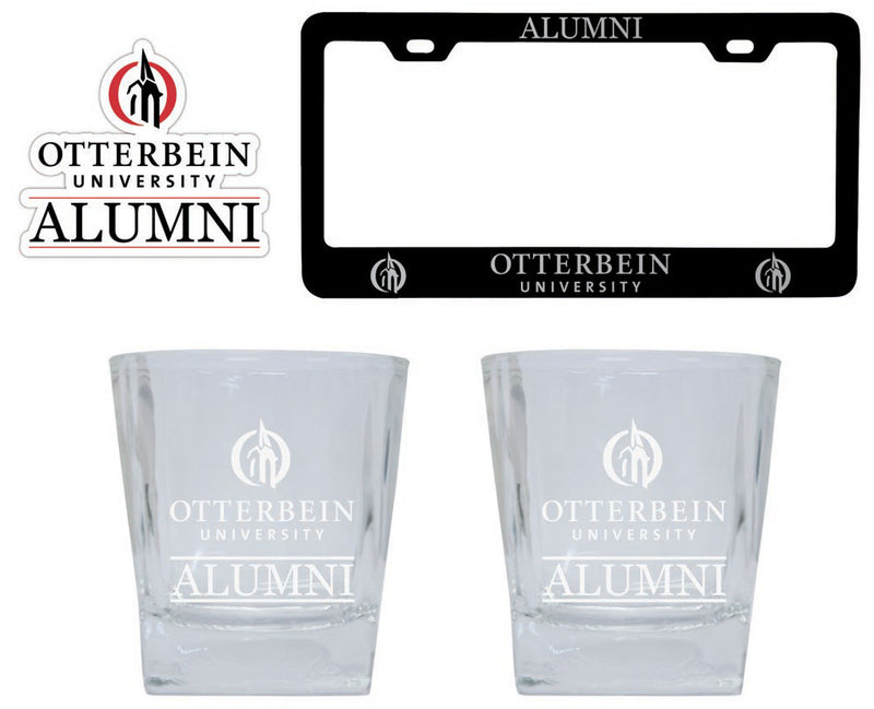 Otterbein University Collegiate Alumni Gift Set Engraved Whiskey Glasses, License Plate Frame & Decal 