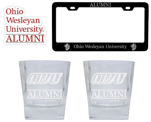 Ohio Wesleyan University Collegiate Alumni Gift Set Engraved Whiskey Glasses, License Plate Frame & Decal 