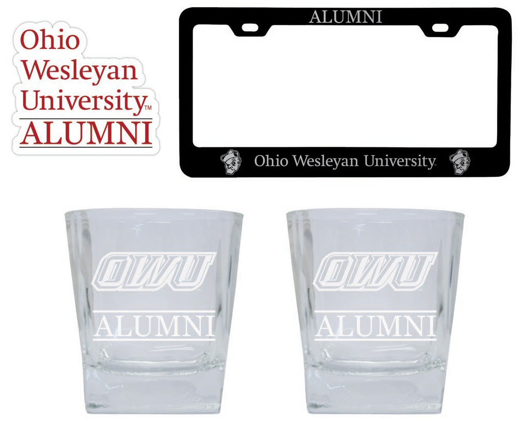 Ohio Wesleyan University Collegiate Alumni Gift Set Engraved Whiskey Glasses, License Plate Frame & Decal 