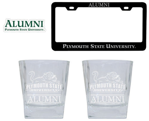 Plymouth State University Collegiate Alumni Gift Set Engraved Whiskey Glasses, License Plate Frame & Decal 