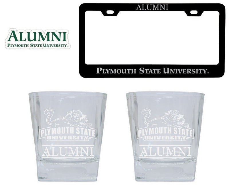 Plymouth State University Collegiate Alumni Gift Set Engraved Whiskey Glasses, License Plate Frame & Decal 