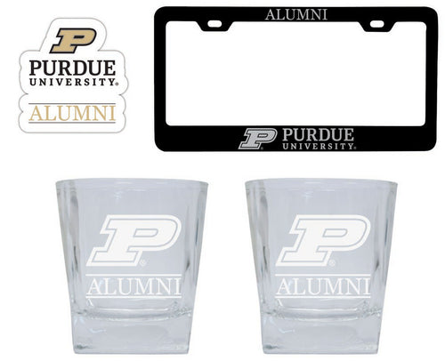 Purdue Boilermakers Collegiate Alumni Gift Set Engraved Whiskey Glasses, License Plate Frame & Decal 