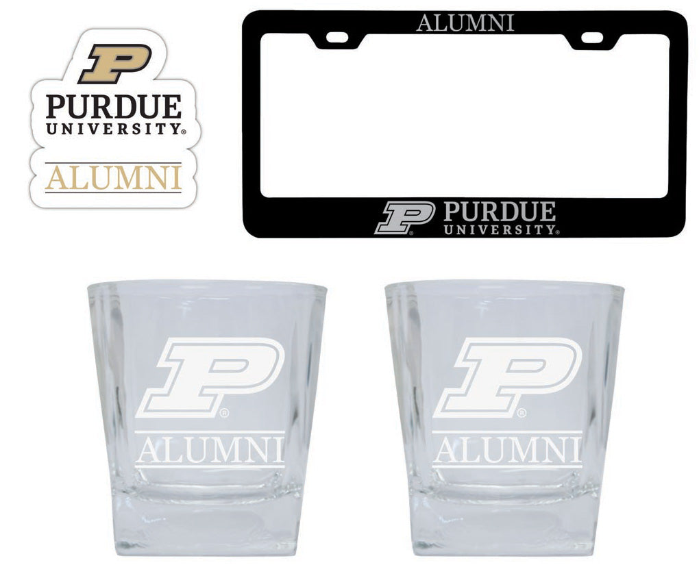 Purdue Boilermakers Collegiate Alumni Gift Set Engraved Whiskey Glasses, License Plate Frame & Decal 