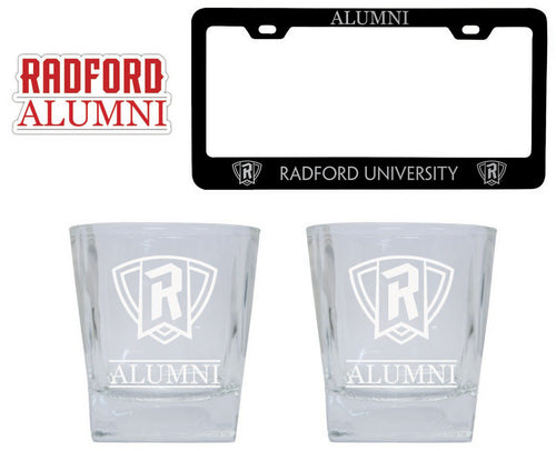 Radford University Highlanders Collegiate Alumni Gift Set Engraved Whiskey Glasses, License Plate Frame & Decal 